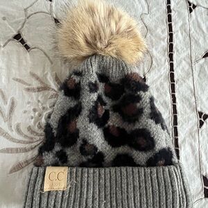 C.C Kids Gray and Brown Leopard Pom-Pom Beanie